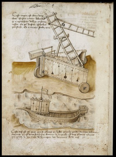 Avvicinamento alla fortezza e nave - Manoscritto: foglio di pergamena di un manuale di ingegneria per la costruzione di edifici civili, religiosi e militari, anonimo, fine XV secolo da Unknown artist