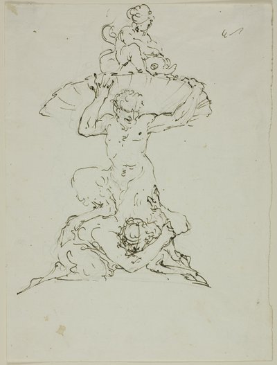 Fontana con Satiro e Putto (recto); Pulcinella (verso) da Unknown artist