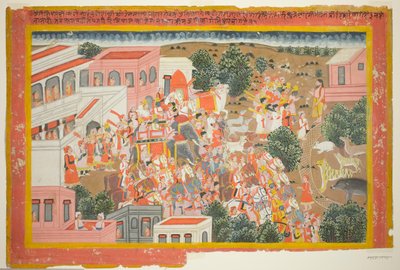 Quattro principi in processione visitano un saggio, pagina da una copia del Ramayana da Unknown artist