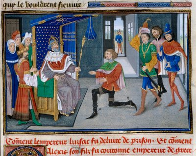 Quarta Crociata: rappresentazione di Alessio IV Angelo incoronato imperatore accanto a suo padre Isacco II dopo averlo liberato dalla prigione nel 1203 da Unknown artist
