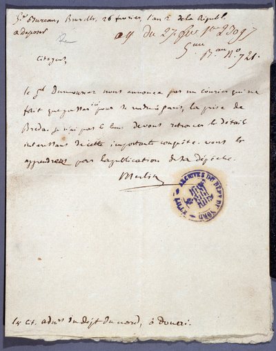 Rivoluzione francese: lettera manoscritta datata 26/02/1793 da un certo Merlin sulla cattura della città di Breda in Olanda il 24 febbraio da parte del generale Dumouriez. Archivi dipartimentali del Nord Lille da Unknown artist