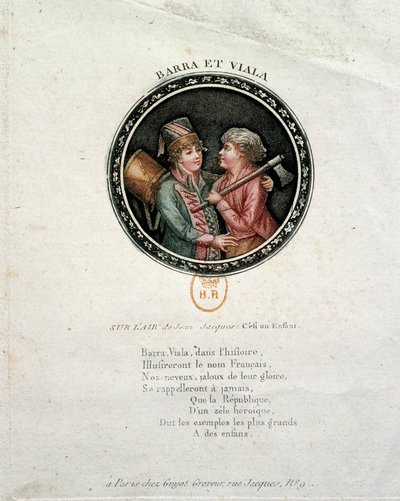 Rappresentazione di Barra e Viala. Joseph Agricol Viala e Joseph Bara, eroi bambini della Rivoluzione Francese che combatterono rispettivamente a Marsiglia e in Vandea per la Repubblica. Incisione del XVIII secolo da Unknown artist