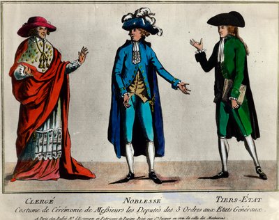 Rivoluzione francese: rappresentazione dei deputati dei tre ordini negli Stati Generali in costume cerimoniale: il clero, la nobiltà e il terzo stato. Stampa della fine del XVIII secolo. Collezione privata da Unknown artist