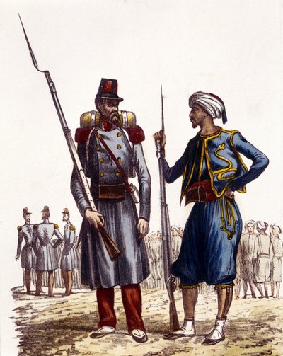 Uniforme militare francese: A sinistra, una legione straniera formata e inviata in Algeria nel 1831. A destra, cavalieri indigeni, addestrati e inviati in Algeria nel 1841. In 