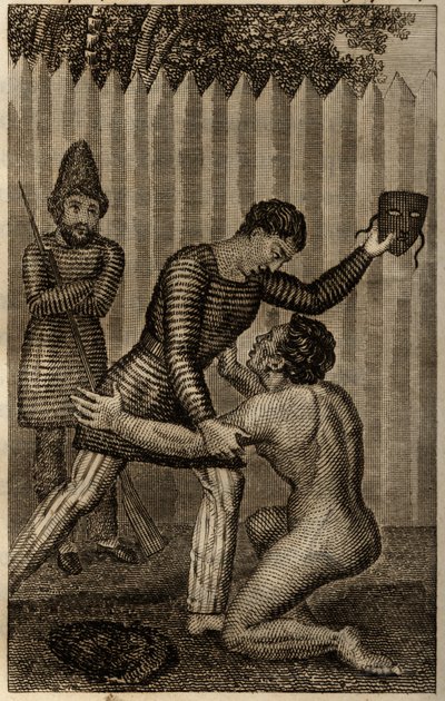 Venerdì è gettato tra le braccia di Robinson Crusoe, incisione inserita in "Le avventure di Robinson Crusoe" di Daniel Defoe da Unknown artist