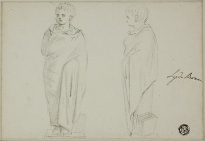 Vedute frontali e laterali di statua di ragazzo vestito con toga da Unknown artist