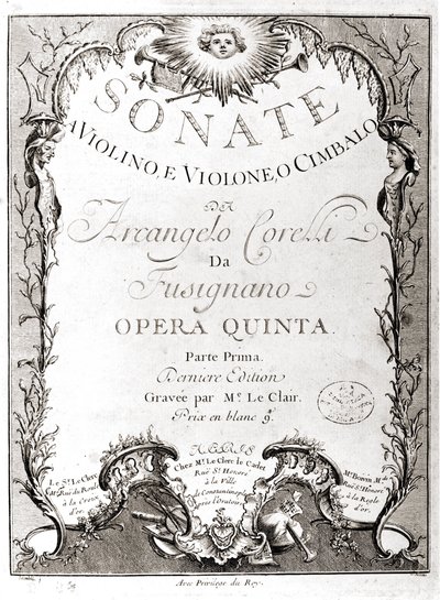 Frontespizio di 12 sonate per violino, basso e clavicembalo di Arcangelo Corelli (1653-1713). Versione francese da Unknown artist