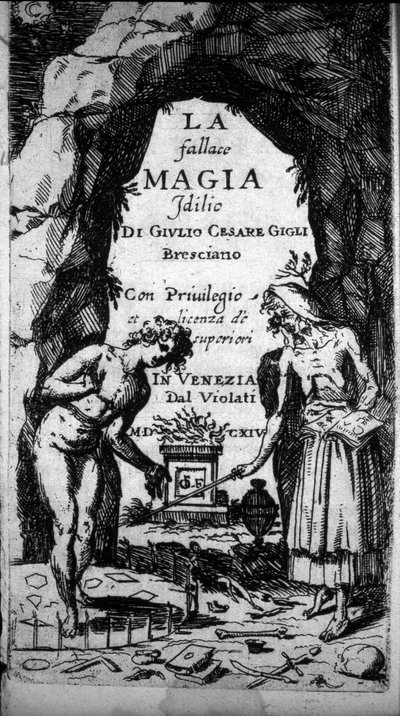 Frontespizio di un libro che raffigura streghe che eseguono riti magici da Unknown artist