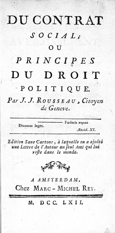 Frontespizio del Contratto Sociale o Principi del Diritto Politico di Jean Jacques Rousseau (1712-1778), stampato ad Amsterdam nel 1762 da Unknown artist