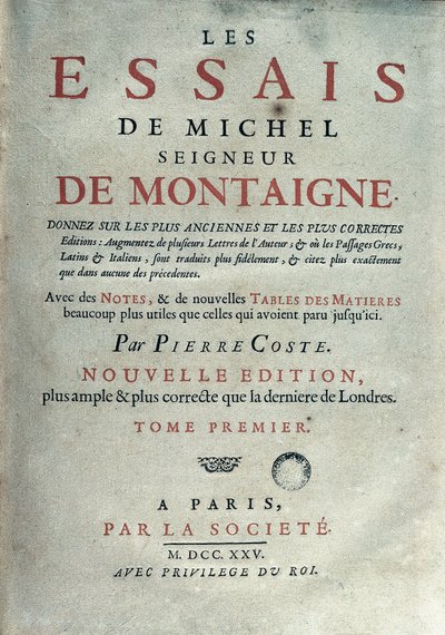 Frontespizio di "Les essais" dello scrittore e umanista francese Michel de Montaigne (1533-1592). 1725 Barcellona. Biblioteca de Catalunya da Unknown artist