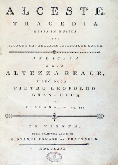Frontespizio dello spartito musicale di Alceste, opera di C. W. Gluck da Unknown artist
