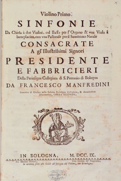 Frontespizio della partitura musicale di Sinfonia da chiesa e due violini di Francesco Manfredini da Unknown artist