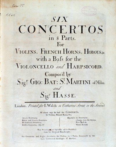 Frontespizio della partitura musicale Sei concerti in 8 parti di G B Sammartini e J A Hasse da Unknown artist