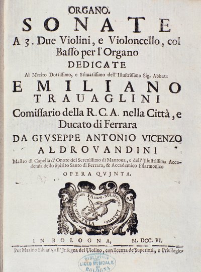Frontespizio della partitura musicale di "Sonata a 2 violini, violoncello e organo, op. 5" di Giuseppe Aldrovandini da Unknown artist