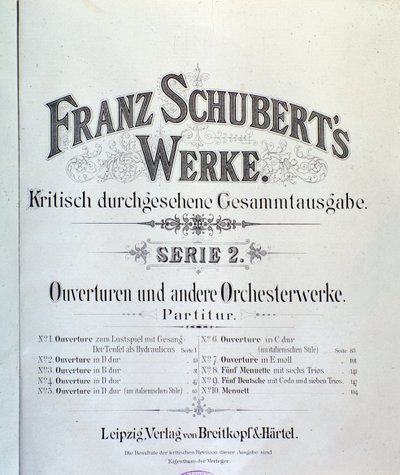 Frontespizio di spartito musicale di varie ouverture di Franz Schubert da Unknown artist