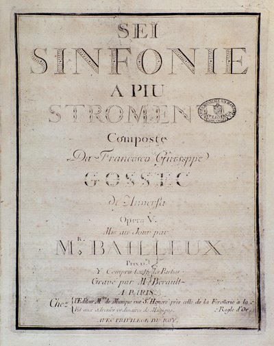 Frontespizio della partitura per Sei sinfonie a piu strumenti op. 5 (prima sinfonia) da Unknown artist