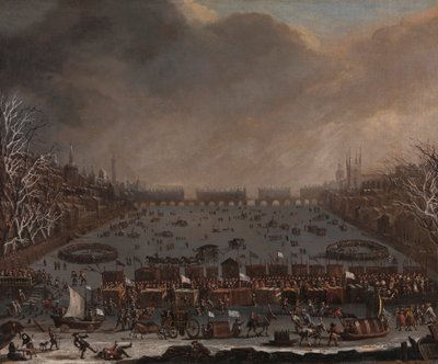 Fiera del gelo sul Tamigi, con il vecchio ponte di Londra in lontananza da Unknown artist