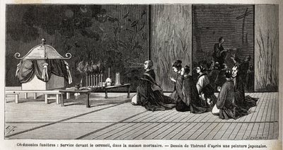Cerimonie funebri: servizio religioso davanti alla bara, nella casa mortuaria. Incisione per illustrare il viaggio in Giappone nel 1863-1864, di Aime Humbert, ministro della Confederazione Svizzera, in "Le tour du monde, nouveau journal des voyages", pubbl da Unknown artist