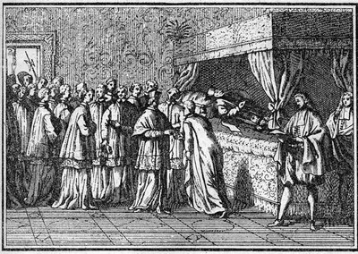 Funerale di un papa nel XVIII secolo: riconoscimento del corpo del papa morto. Incisione in "Histoire des religions" da Unknown artist