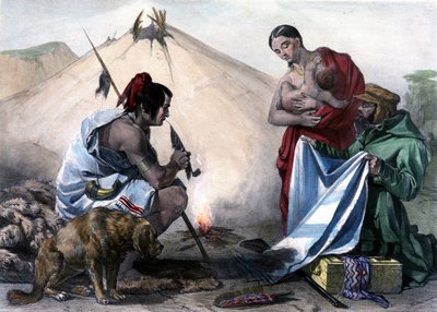 Baratto di pellicce per tessuti tra indiani Uroni canadesi e uomo bianco - in "Schizzi del Canada" di Coke Smyth, Londra da Unknown artist