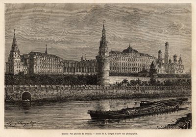 Veduta generale del Cremlino, il centro geografico di Mosca e il centro politico della Russia, il quartiere costruito nel XIV secolo è stato sempre ampliato e restaurato attraverso le peripezie storiche del paese. Incisione per illustrare La Rus da Unknown artist
