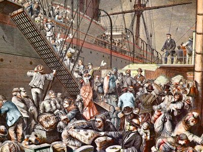 Emigranti tedeschi per New York che si imbarcano su un piroscafo di Amburgo nel 1874, incisione da Unknown artist