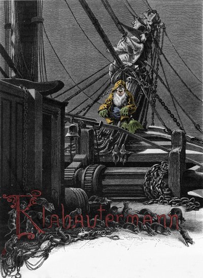 Mitologia germanica: rappresentazione di un Klabautermann sul ponte di una nave, un elfo protettore delle navi in mare. Incisione del XIX secolo da Unknown artist
