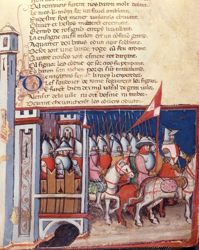 Canzone di gesta: un esercito di uomini a cavallo che lascia un castello. Miniatura dal manoscritto franco-italiano Entree d