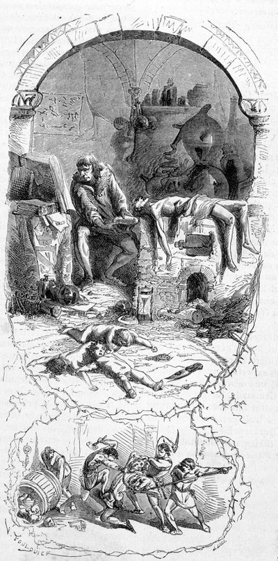 Gilles de Rais (Retz o Rays) (1404-1440) in situazione: i maghi, per le loro operazioni magiche, compravano bambini nati morti (XV secolo) - incisione, n.d. da Unknown artist