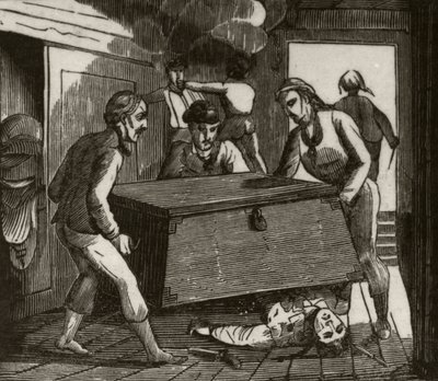 Gordon e i suoi compagni che schiacciano a morte il capitano francese con un grande baule, c.1836 da Unknown artist