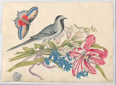 Uccello grigio su un ramo con tulipano, bocche di leone e non ti scordar di me con farfalla da Unknown artist