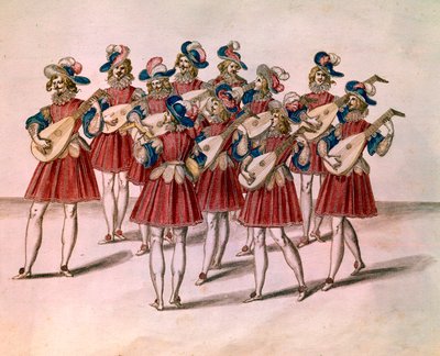 Gruppo di musicisti che suonano il liuto. Acquerello e penna di Daniel Rabel (1578-1637) dall