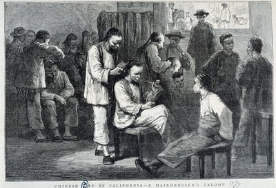 Salone di parrucchiere nella comunità cinese della California - incisione da Unknown artist
