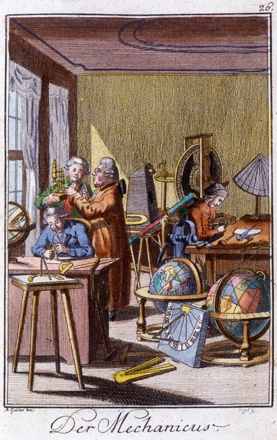 Artigianato: il meccanico con strumenti di precisione nella sua bottega. In "Descrizione completa delle arti e mestieri e delle botteghe per i giovani" di Johan Peter Vue. Ed. Norimberga, Weigel e Schneider da Unknown artist