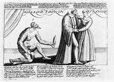 Arlecchino cornuto. Serie di incisioni di un pezzo rappresentato in Francia verso la fine del XVI secolo sul tema delle disgrazie amorose di Arlecchino e Franceschina da Unknown artist
