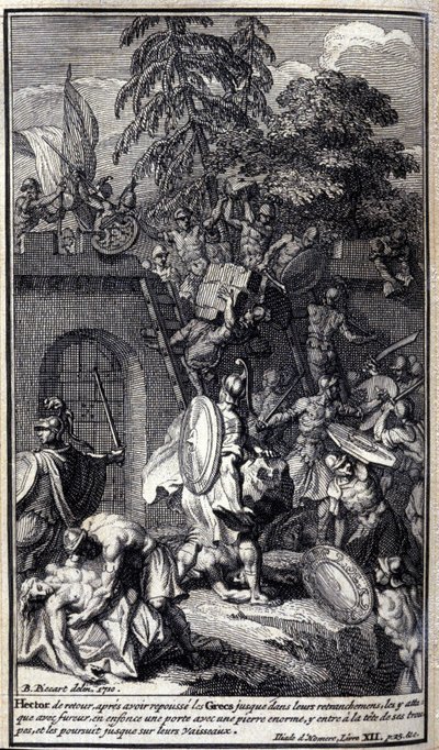 Ettore, tornato dopo aver respinto i Greci nelle loro trincee, li attacca con furia, sfonda una porta con una grande pietra, entra alla testa delle sue truppe e li insegue fino alle loro navi. Illustrazione del libro XII dell