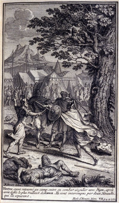 Ettore, tornando al campo, entra in un singolare combattimento con Aiace, dopo aver sfidato il più valoroso dei Greci. Vengono interrotti da due araldi che li separano. Illustrazione del libro VII dell