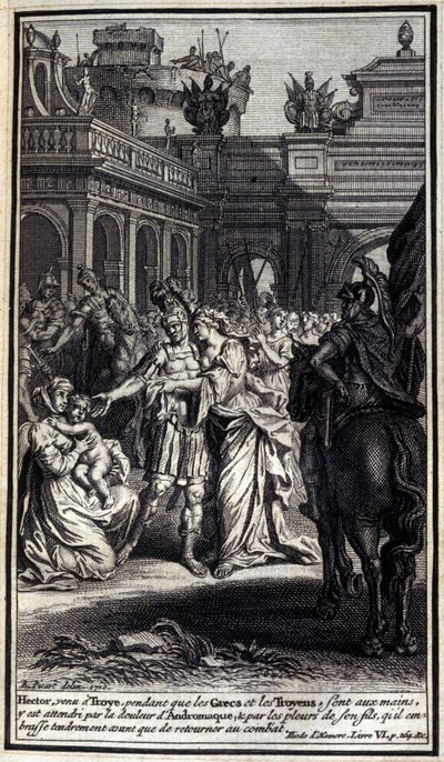 Ettore, che venne a Troia mentre i Greci e i Troiani erano in battaglia, fu afflitto dal dolore di Andromaca e dal pianto di suo figlio, che baciò teneramente prima di tornare in battaglia. Illustrazione del libro VI dell