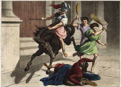 Eliodoro (Heliodoros) fu cacciato dal tempio: su ordine del suo sovrano, tentò senza successo di impossessarsi dei tesori del tempio di Gerusalemme. Incisione anonima della metà del XIX secolo da Unknown artist