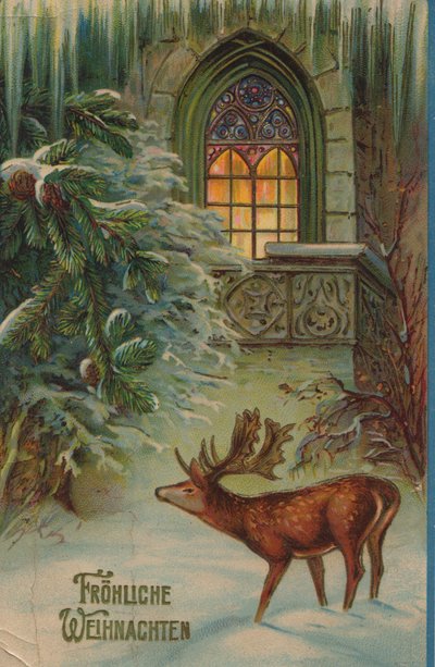 Storica cartolina di Natale con un motivo invernale con cervo e chiesa da Unknown artist