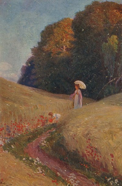 Cartolina storica dopo un dipinto, Madre e figlia che camminano in un prato fiorito da Unknown artist