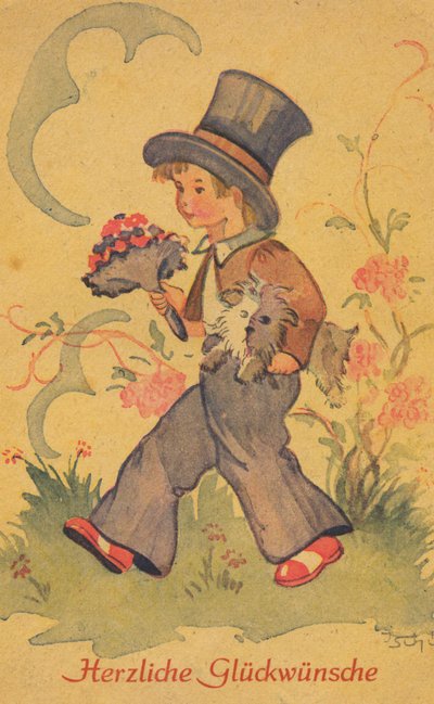 Cartolina storica con un ragazzo con un mazzo di fiori e un piccolo cane, cartolina di auguri da Unknown artist