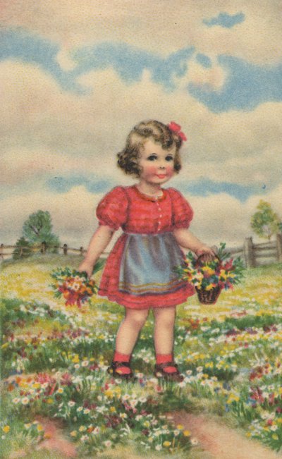 Cartolina storica con una ragazza felice nel prato, biglietto di auguri da Unknown artist