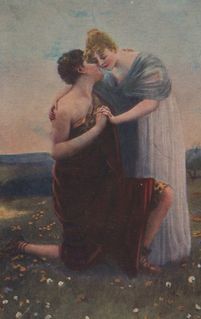 Storica cartolina di auguri con motivo storico, donna e guerriero del Medioevo da Unknown artist