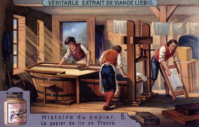 Storia della carta. 5. Carta di lino in Francia. Cromolitografia Liebig da Unknown artist