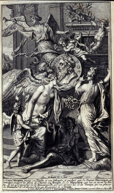 Il genio di Omero, che tiene la sua Iliade e la sua Odissea, e guidato dalla poesia eroica, viene introdotto, nonostante gli sforzi dell