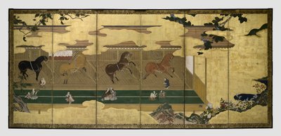 Cavalli nelle stalle (Umaya-zu byobu) da Unknown artist