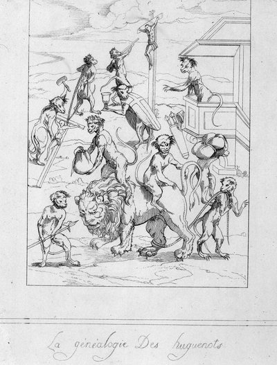 Genealogia ugonotta: caricatura dei protestanti in scimmie - incisione da Unknown artist