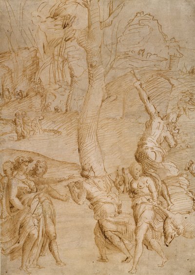 Scena di caccia (recto); due studi di coppia di divinità fluviali reclinate (), fronte di sarcofago () verso da Unknown artist