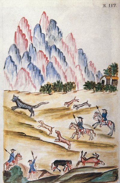 Caccia al gatto selvatico nelle montagne, dal libro "Trujillo del Peru" o "Codice Martínez Compañón", di Baltazar Martinez Compañón y Bujanda, vescovo di Trujillo (1782-1785) da Unknown artist